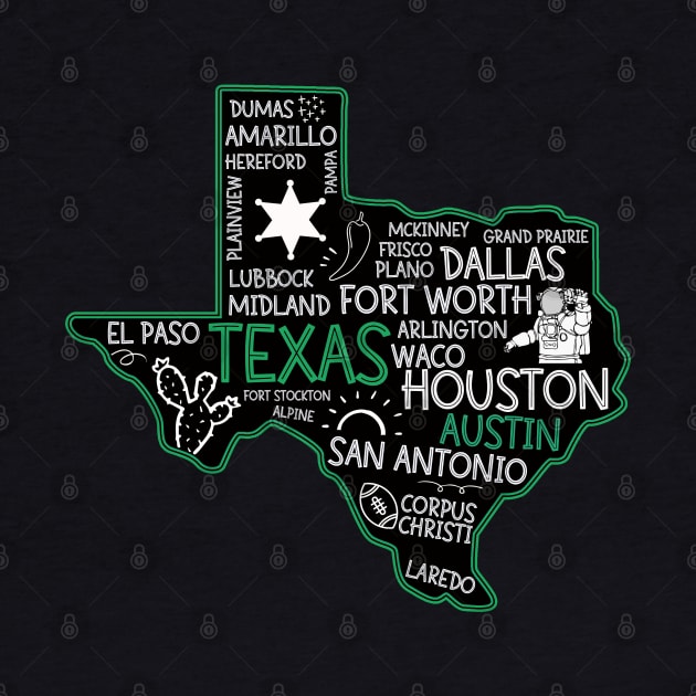 Austin Texas cute map San Antonio El Paso Dallas Laredo Waco TX state by BoogieCreates